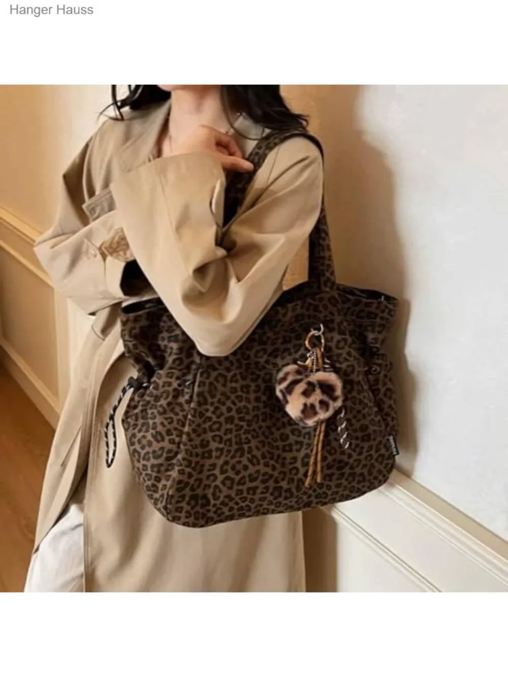 Leopard Print Tote Bag with Pockets, Nylon Work Purse, Y2K Shoulder Bag